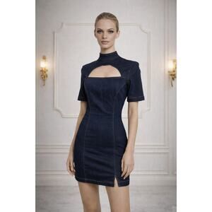 💙 Topshop Denim Cutout Bodycon Mini Dress – Chic Mock Neck Statement 💙